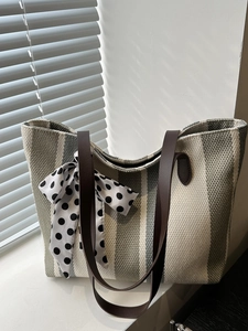 Damen Fashion Gestreifte Canvas Tote Bag Große Kapazität Pendeln Umhängetasche Mit Gepunktetem Schal Bogen Dekor Handtasche