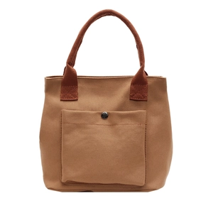 Minimalist brown canvas tote bag with a snap-button front pocket and sturdy handles