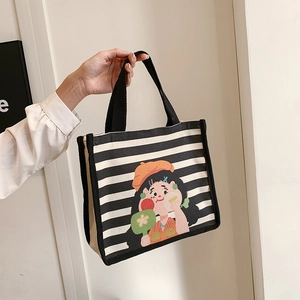 Cute Cartoon Girl Printed Canvas Handbag With Zipper Vintage Striped Polka Dot Tote Lunch Bag For Women And Students