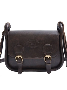 Vintage dark brown PU leather Cambridge messenger bag with buckle straps and fashion logo