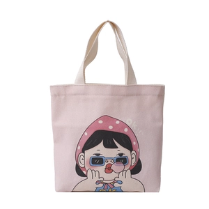 Borsa a secchiello in tela rosa con simpatica illustrazione di ragazza e manici beige