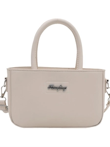 Elegant cream-white small square handbag with silver logo and adjustable crossbody strap