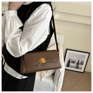 Detail of trendy brown crossbody bag with gold metal clasp on an elegant background