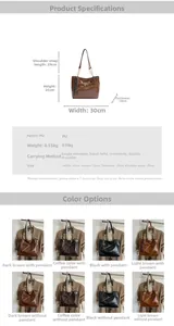 Detailed size chart for retro oil wax leather tote bag with chain strap and tassel charm