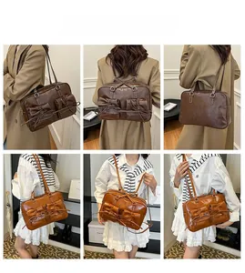 Detail shots showing the retro dark brown shoulder bag with decorative bow pockets