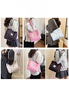 Detailed grid of cherry print nylon tote bags in black, pink, blue, and white colors