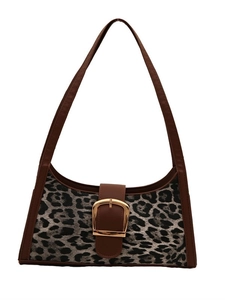 Retro leopard print underarm bag with brown leather accents and gold buckle details