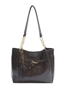Vintage large capacity dark brown wax leather tote bag with gold chain strap and charms