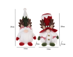 Detailed size view of Christmas reindeer gnomes with plaid bows and white beards