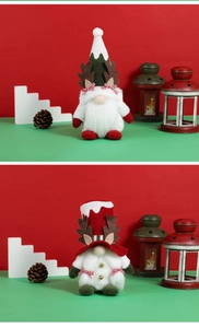 Detail of Christmas gnomes with reindeer antlers and holiday festive decor accents