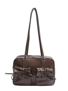 Deep brown glossy PU leather shoulder bag with vintage bows and two front pockets