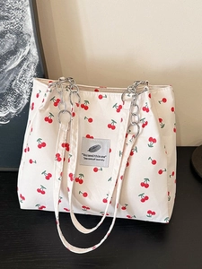 Cherry Print Canvas Tote Bag For Women Large Capacity Japanese Style Shoulder Handbag With Metal Chain Strap Daily Commute Fashion Bag
