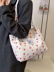 Large capacity canvas tote bag with red cherry prints and dual straps for daily commute