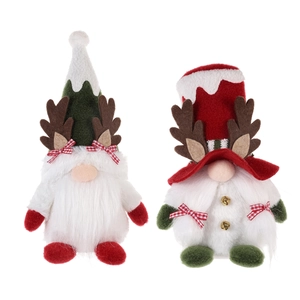 Christmas gnome ornaments with antlers, green and red pointed hats, and white beards