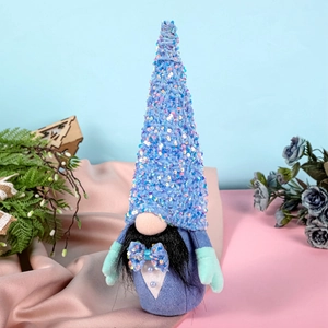 Charming faceless wedding gnome with long blue sequined hat and black beard decor