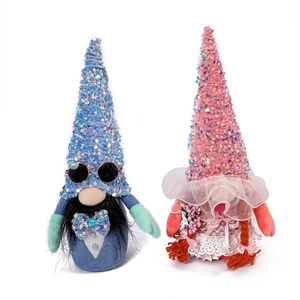 Pair of festive sequined gnomes with sunglasses and lace details for home decor