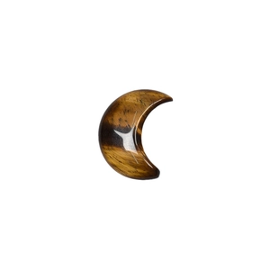 Polished tiger eye stone crescent moon pendant with golden fibrous texture on white background