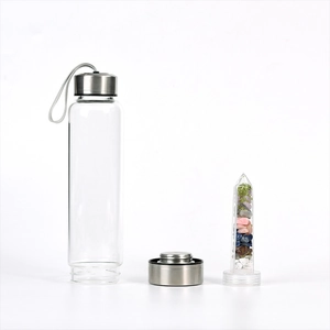 Set borraccia in vetro con cristalli naturali e tappo in acciaio inox con cordino