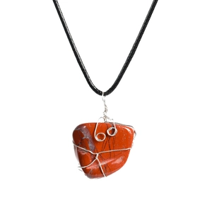 Handmade wire wrapped red jasper stone necklace pendant on black cord with silver wire