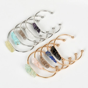 Handmade wire wrapped natural crystal stone bangles in gold and silver finish