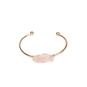 Handmade gold open cuff bracelet with natural pink crystal and irregular wire wrapping
