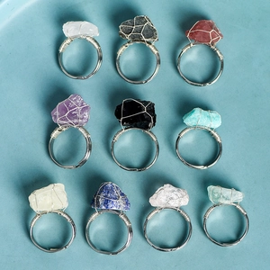 Set of 10 handmade wire-wrapped raw natural stone rings with adjustable silver bands