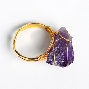 Handmade adjustable ring with irregular purple amethyst raw stone and gold wire wrapping