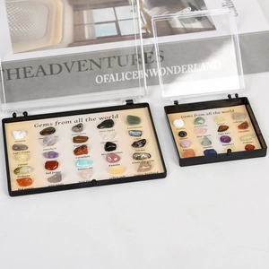 Educational crystal specimen collection box set with 16 to 25 mixed raw mineral gemstones