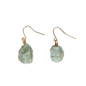 Handmade gold wire-wrapped natural green raw crystal hook earrings for women