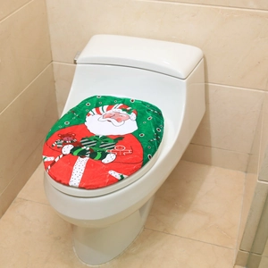 Detail view of Santa Claus toilet seat cover with festive patterns for Christmas decor