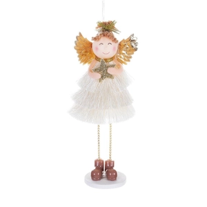 Ange de Noël fait main avec robe à franges blanches et ailes dorées à suspendre