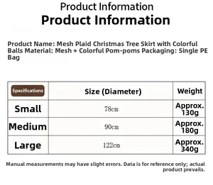 Size chart for mesh pleated Christmas tree skirt with diameter and weight details
