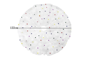 Detailed view of 122cm white mesh pleated Christmas tree skirt with colorful pompoms
