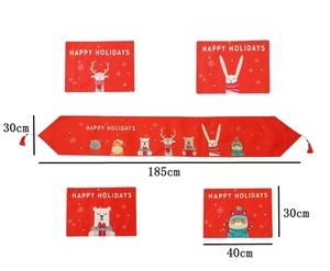 Christmas table runner and placemats set with festive animal prints and Happy Holidays text