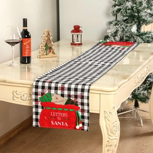 Linen plaid Christmas table runner with Santa letter pocket and festive snowflake decor