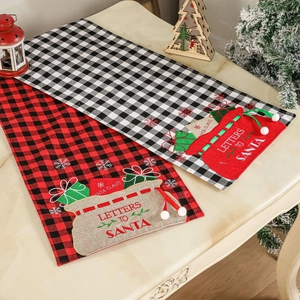 Christmas linen plaid table runners with Letters to Santa pocket and festive decor