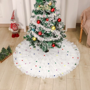 Christmas Tree Skirt White Pleated Mesh Tulle With Colorful Pom Poms Multi Layer Holiday Home Party Decoration