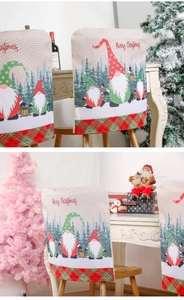 Detail of Christmas chair cover featuring Nordic gnomes and red plaid patterns