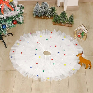 White pleated mesh Christmas tree skirt with colorful pom-poms and multi-layer ruffle design