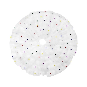 White tulle Christmas tree skirt with pleated ruffles and colorful mini pom-poms