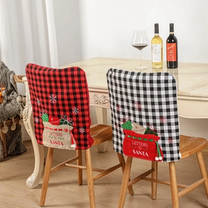 Christmas plaid chair covers with Santa letter pockets for festive dining decor