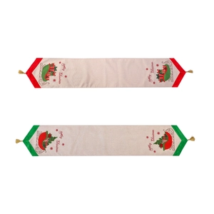 Kerst tafelrunners van linnen met Merry Christmas print en gouden kwastjes