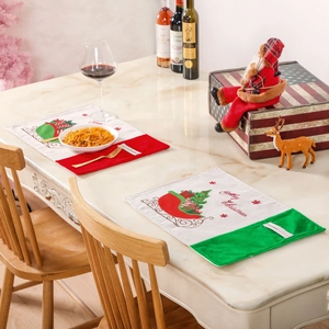 Christmas Table Placemats With Cutlery Pocket Linen Velvet Merry Christmas Embroidery Sleigh Pattern Festive Decoration