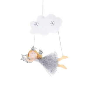 Sparkly silver Christmas angel tree topper with sequins and plush white cloud pendant
