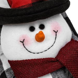 Fermatenda a forma di pupazzo di neve di Natale con sciarpa rossa e cappello a cilindro scozzese