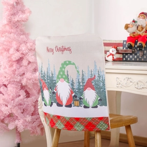 Nordic Christmas gnome chair cover with Merry Christmas text and red green plaid trim
