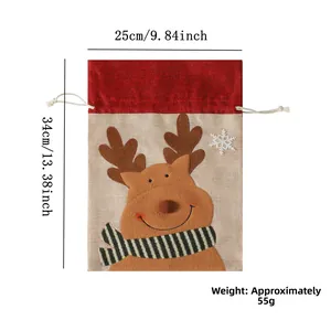 Détail du sac cadeau de Noël en lin avec motif renne, taille 25x34cm, poids 55g