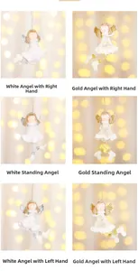Detail van handgemaakte stoffen engel kerstboomhangers in gouden en witte tinten