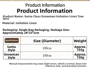 Detailed size chart for 100cm faux linen Christmas tree skirts with snowman designs