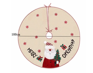 Detail of 100cm Christmas tree skirt with Santa print and red striped edging accents